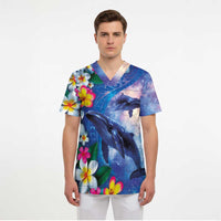 Hawaiian Lei Day Plumeria Humpback Whales Scrub Top Polynesian Art Vibrant Starry Nebula Style - Polynesian Pride