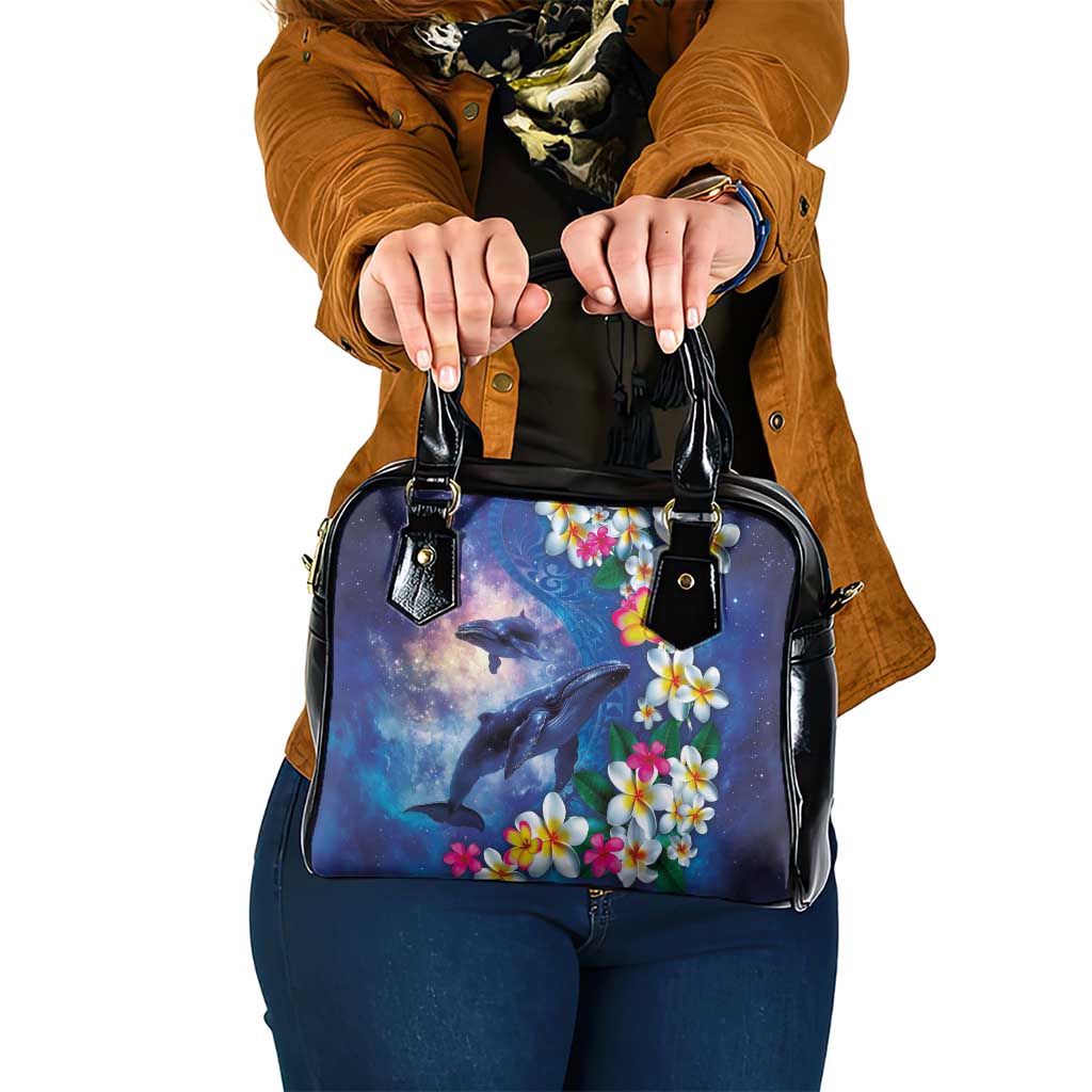 Hawaiian Lei Day Plumeria Humpback Whales Shoulder Handbag Polynesian Art Vibrant Starry Nebula Style