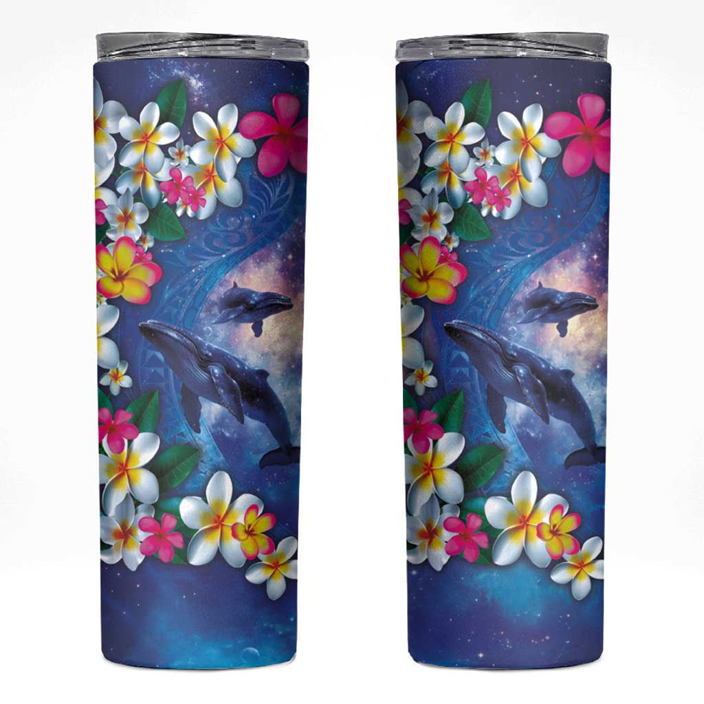 Hawaiian Lei Day Plumeria Humpback Whales Skinny Tumbler Polynesian Art Vibrant Starry Nebula Style LT03 Art - Polynesian Pride