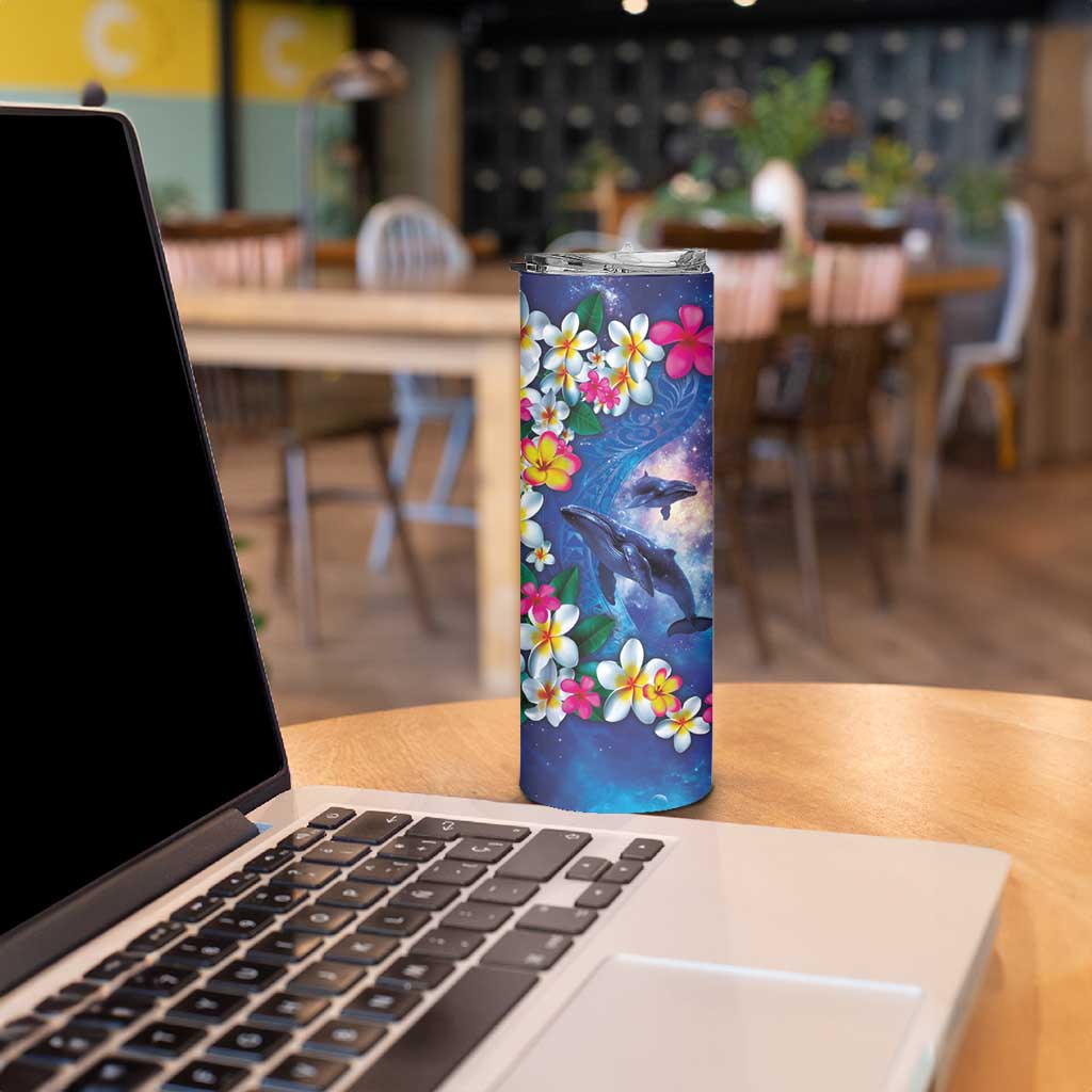 Hawaiian Lei Day Plumeria Humpback Whales Skinny Tumbler Polynesian Art Vibrant Starry Nebula Style LT03 - Polynesian Pride