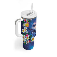 Hawaiian Lei Day Plumeria Humpback Whales Tumbler With Handle Polynesian Art Vibrant Starry Nebula Style
