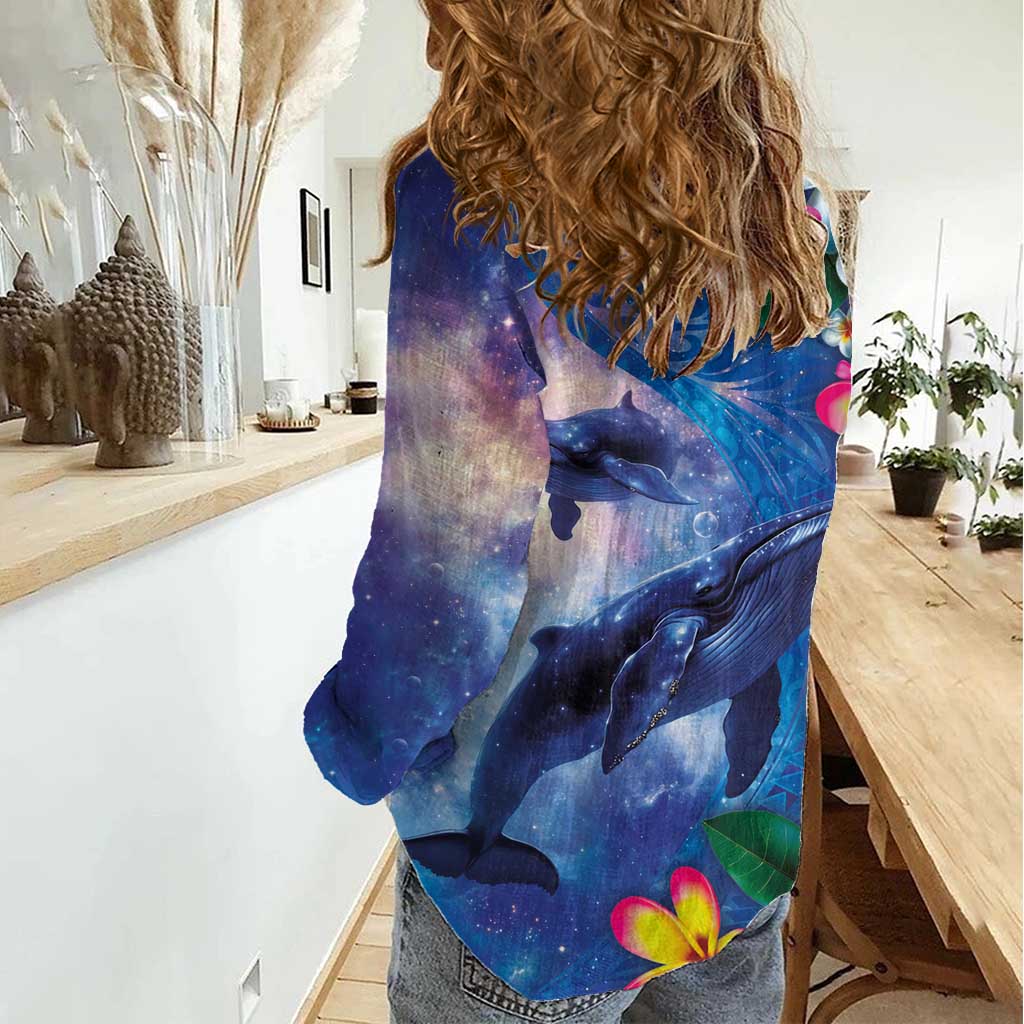 Hawaiian Lei Day Plumeria Humpback Whales Women Casual Shirt Polynesian Art Vibrant Starry Nebula Style LT03 - Polynesian Pride