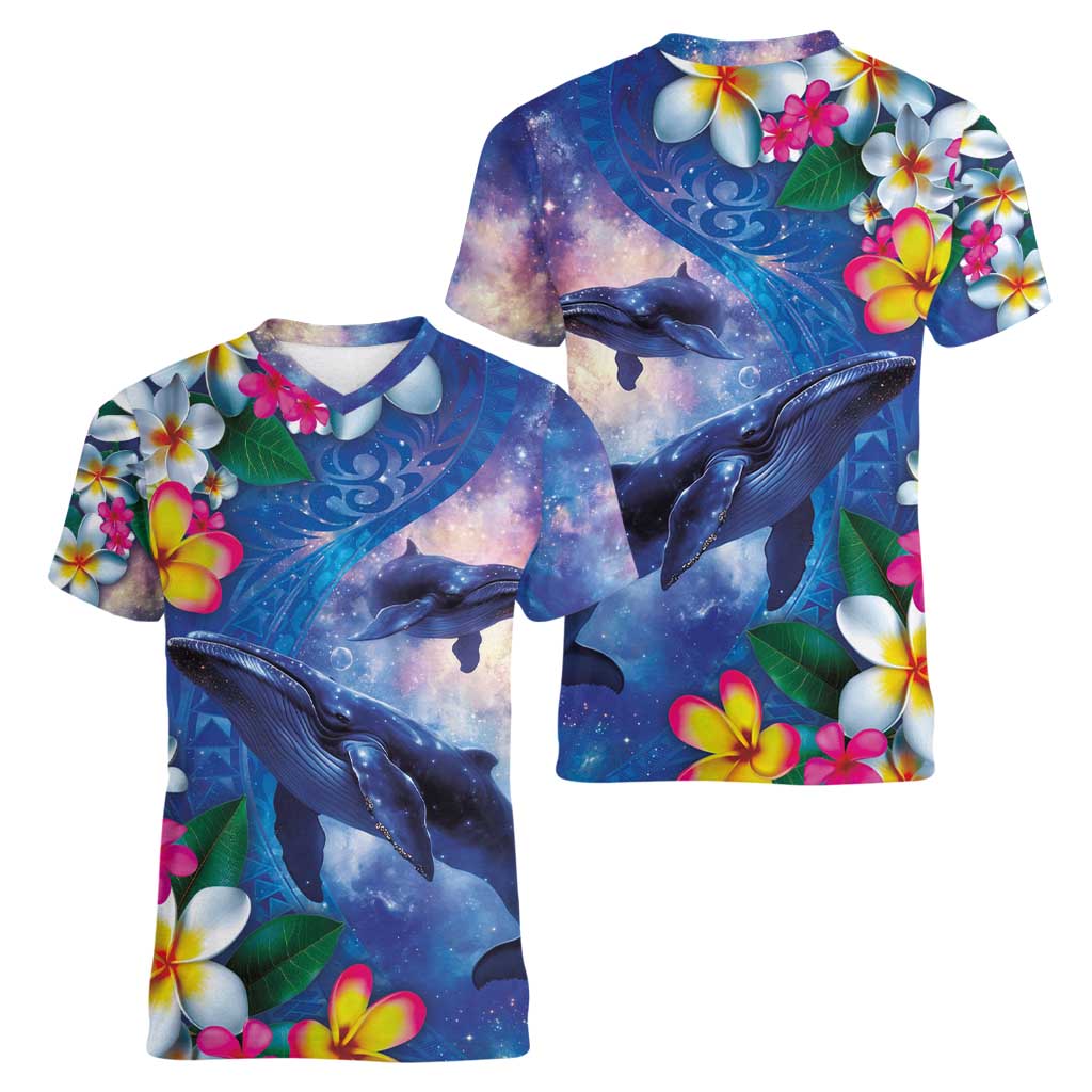 Hawaiian Lei Day Plumeria Humpback Whales Women V-Neck T-Shirt Polynesian Art Vibrant Starry Nebula Style