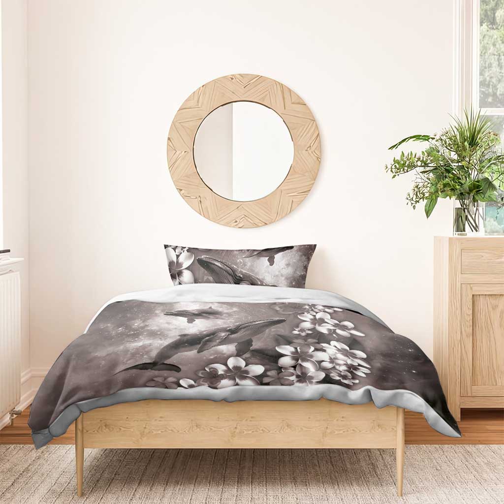 Hawaiian Lei Day Plumeria Humpback Whales Bedding Set Polynesian Art Vibrant Starry Nebula Grayscale Style