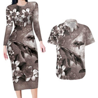 Hawaiian Lei Day Plumeria Humpback Whales Couples Matching Long Sleeve Bodycon Dress and Hawaiian Shirt Polynesian Art Vibrant Starry Nebula Grayscale Style LT03 Art - Polynesian Pride