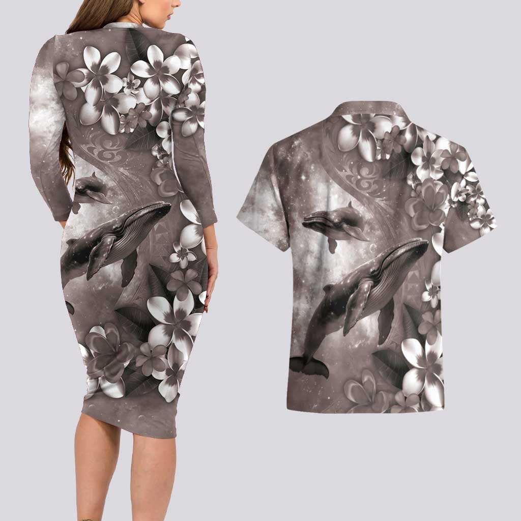 Hawaiian Lei Day Plumeria Humpback Whales Couples Matching Long Sleeve Bodycon Dress and Hawaiian Shirt Polynesian Art Vibrant Starry Nebula Grayscale Style LT03 - Polynesian Pride