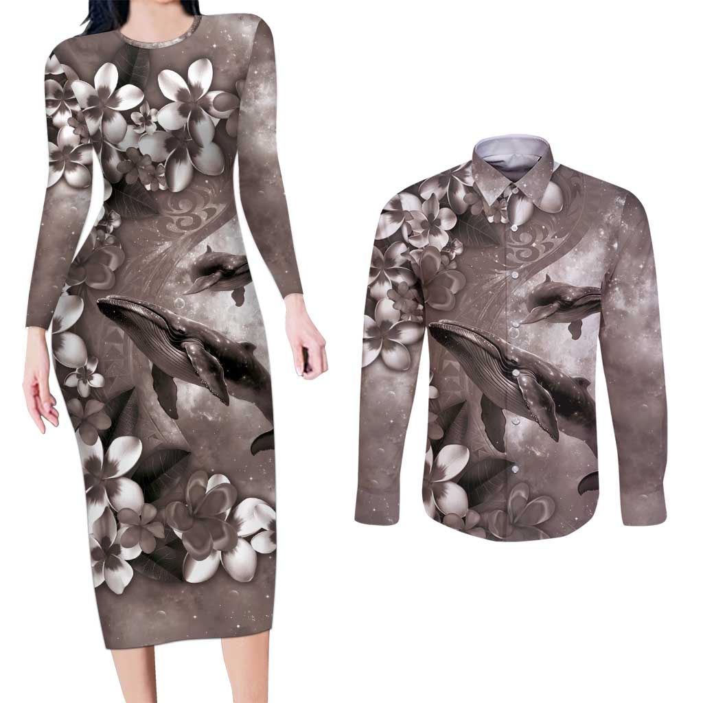 Hawaiian Lei Day Plumeria Humpback Whales Couples Matching Long Sleeve Bodycon Dress and Long Sleeve Button Shirt Polynesian Art Vibrant Starry Nebula Grayscale Style LT03 Art - Polynesian Pride