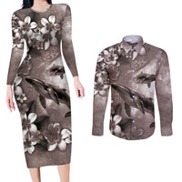 Hawaiian Lei Day Plumeria Humpback Whales Couples Matching Long Sleeve Bodycon Dress and Long Sleeve Button Shirt Polynesian Art Vibrant Starry Nebula Grayscale Style LT03 Art - Polynesian Pride