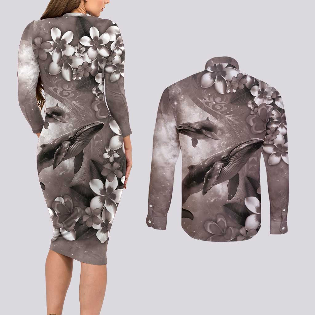Hawaiian Lei Day Plumeria Humpback Whales Couples Matching Long Sleeve Bodycon Dress and Long Sleeve Button Shirt Polynesian Art Vibrant Starry Nebula Grayscale Style LT03 - Polynesian Pride