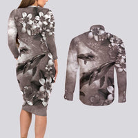 Hawaiian Lei Day Plumeria Humpback Whales Couples Matching Long Sleeve Bodycon Dress and Long Sleeve Button Shirt Polynesian Art Vibrant Starry Nebula Grayscale Style LT03 - Polynesian Pride