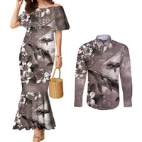Hawaiian Lei Day Plumeria Humpback Whales Couples Matching Mermaid Dress and Long Sleeve Button Shirt Polynesian Art Vibrant Starry Nebula Grayscale Style LT03 Art - Polynesian Pride