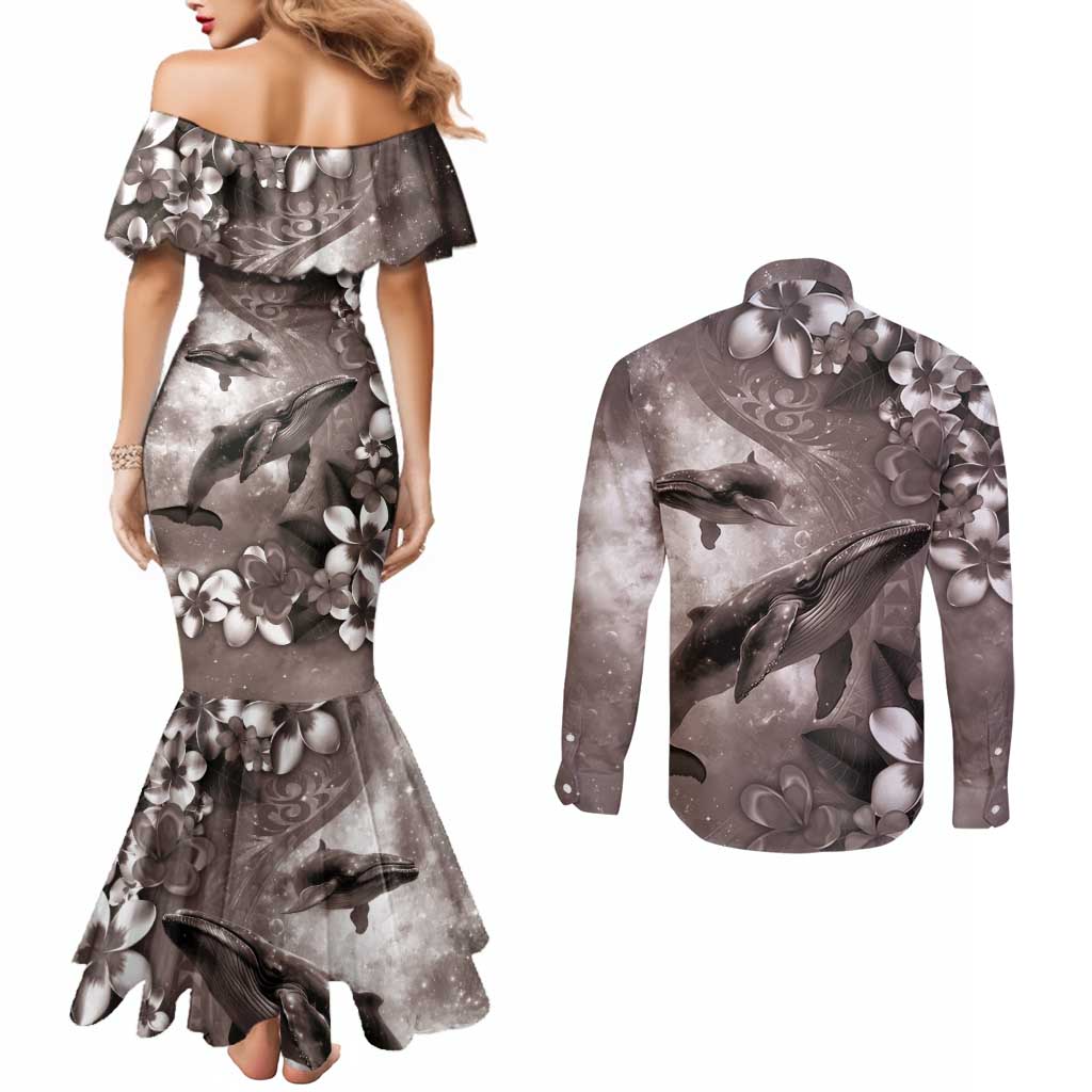 Hawaiian Lei Day Plumeria Humpback Whales Couples Matching Mermaid Dress and Long Sleeve Button Shirt Polynesian Art Vibrant Starry Nebula Grayscale Style LT03 - Polynesian Pride