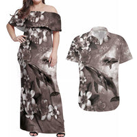 Hawaiian Lei Day Plumeria Humpback Whales Couples Matching Off Shoulder Maxi Dress and Hawaiian Shirt Polynesian Art Vibrant Starry Nebula Grayscale Style LT03 Art - Polynesian Pride