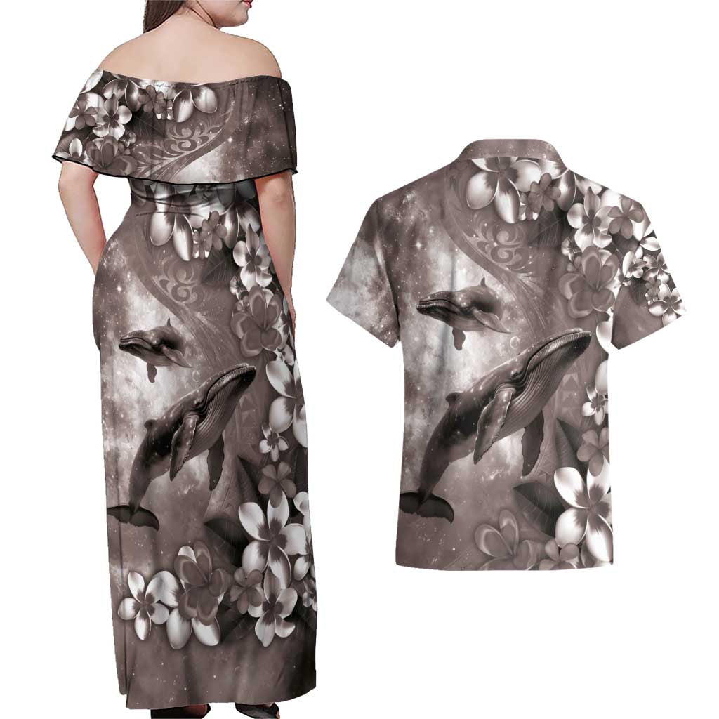 Hawaiian Lei Day Plumeria Humpback Whales Couples Matching Off Shoulder Maxi Dress and Hawaiian Shirt Polynesian Art Vibrant Starry Nebula Grayscale Style LT03 - Polynesian Pride