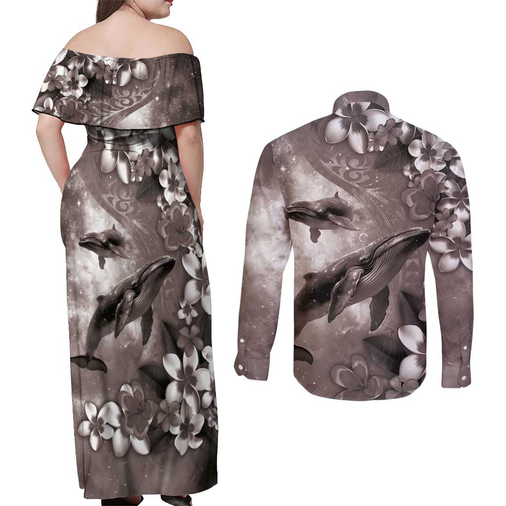 Hawaiian Lei Day Plumeria Humpback Whales Couples Matching Off Shoulder Maxi Dress and Long Sleeve Button Shirt Polynesian Art Vibrant Starry Nebula Grayscale Style LT03 - Polynesian Pride
