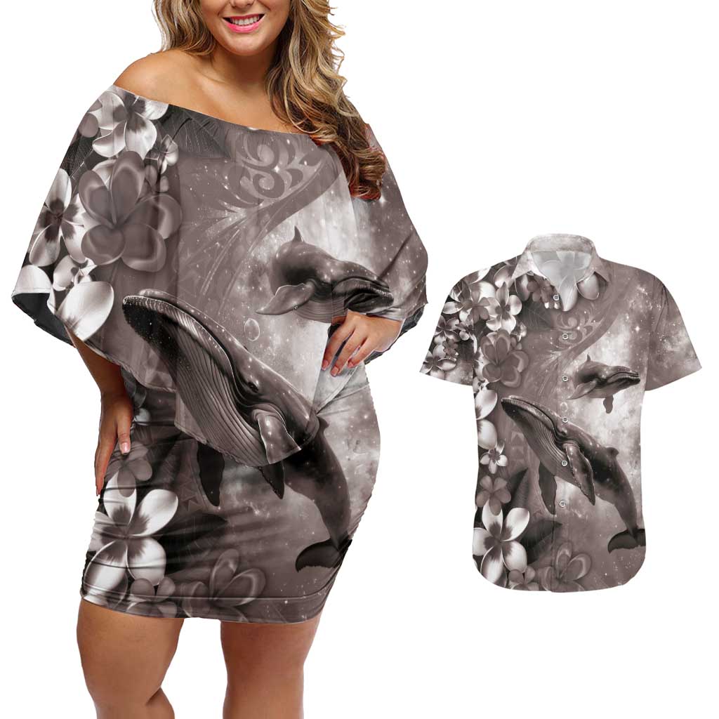 Hawaiian Lei Day Plumeria Humpback Whales Couples Matching Off Shoulder Short Dress and Hawaiian Shirt Polynesian Art Vibrant Starry Nebula Grayscale Style LT03 Art - Polynesian Pride