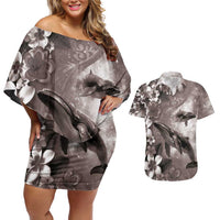 Hawaiian Lei Day Plumeria Humpback Whales Couples Matching Off Shoulder Short Dress and Hawaiian Shirt Polynesian Art Vibrant Starry Nebula Grayscale Style LT03 Art - Polynesian Pride