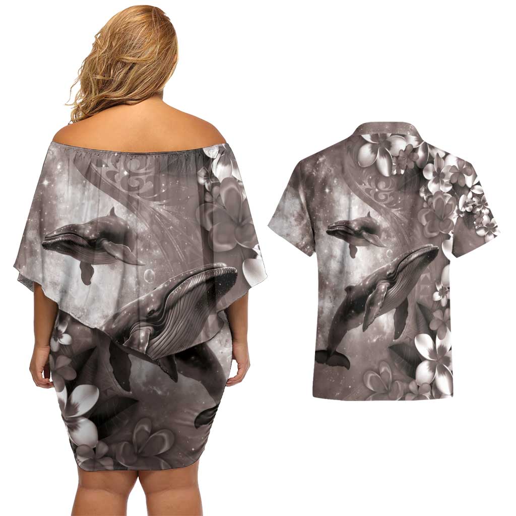 Hawaiian Lei Day Plumeria Humpback Whales Couples Matching Off Shoulder Short Dress and Hawaiian Shirt Polynesian Art Vibrant Starry Nebula Grayscale Style LT03 - Polynesian Pride