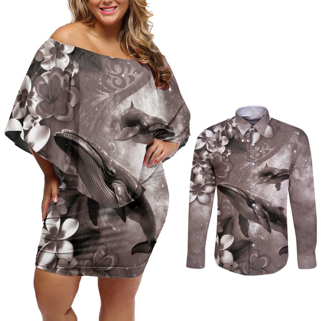 Hawaiian Lei Day Plumeria Humpback Whales Couples Matching Off Shoulder Short Dress and Long Sleeve Button Shirt Polynesian Art Vibrant Starry Nebula Grayscale Style LT03 Art - Polynesian Pride