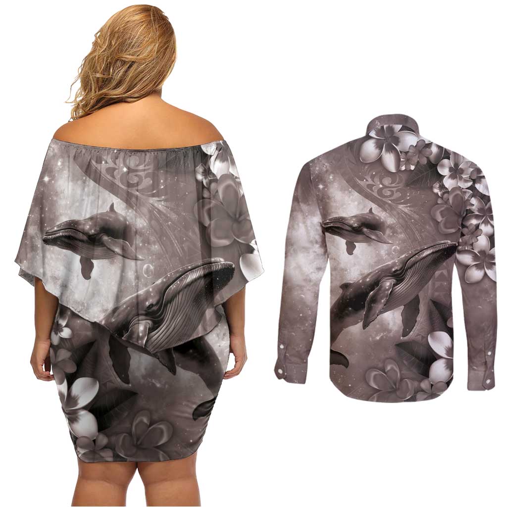 Hawaiian Lei Day Plumeria Humpback Whales Couples Matching Off Shoulder Short Dress and Long Sleeve Button Shirt Polynesian Art Vibrant Starry Nebula Grayscale Style LT03 - Polynesian Pride