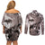Hawaiian Lei Day Plumeria Humpback Whales Couples Matching Off Shoulder Short Dress and Long Sleeve Button Shirt Polynesian Art Vibrant Starry Nebula Grayscale Style