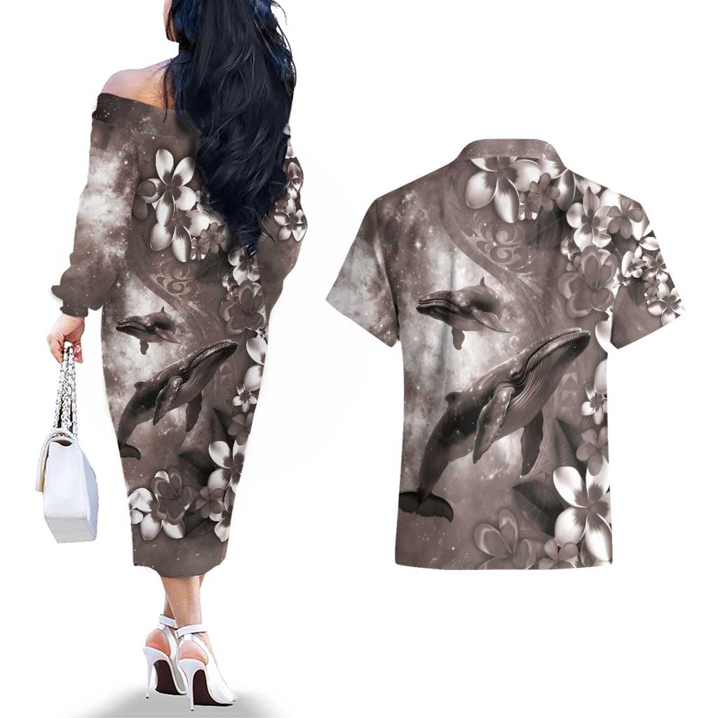 Hawaiian Lei Day Plumeria Humpback Whales Couples Matching Off The Shoulder Long Sleeve Dress and Hawaiian Shirt Polynesian Art Vibrant Starry Nebula Grayscale Style LT03 - Polynesian Pride