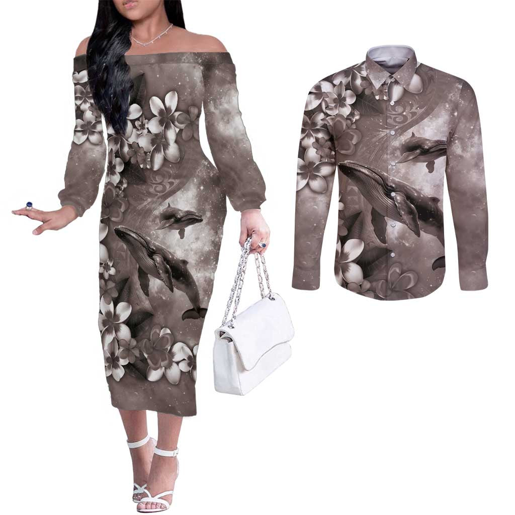 Hawaiian Lei Day Plumeria Humpback Whales Couples Matching Off The Shoulder Long Sleeve Dress and Long Sleeve Button Shirt Polynesian Art Vibrant Starry Nebula Grayscale Style LT03 Art - Polynesian Pride