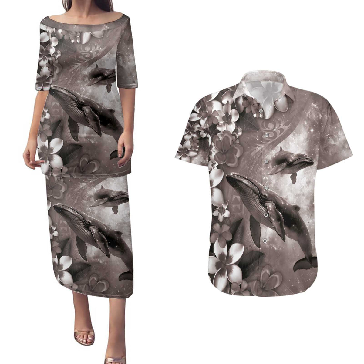 Hawaiian Lei Day Plumeria Humpback Whales Couples Matching Puletasi and Hawaiian Shirt Polynesian Art Vibrant Starry Nebula Grayscale Style LT03 Art - Polynesian Pride