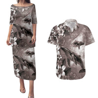 Hawaiian Lei Day Plumeria Humpback Whales Couples Matching Puletasi and Hawaiian Shirt Polynesian Art Vibrant Starry Nebula Grayscale Style LT03 Art - Polynesian Pride