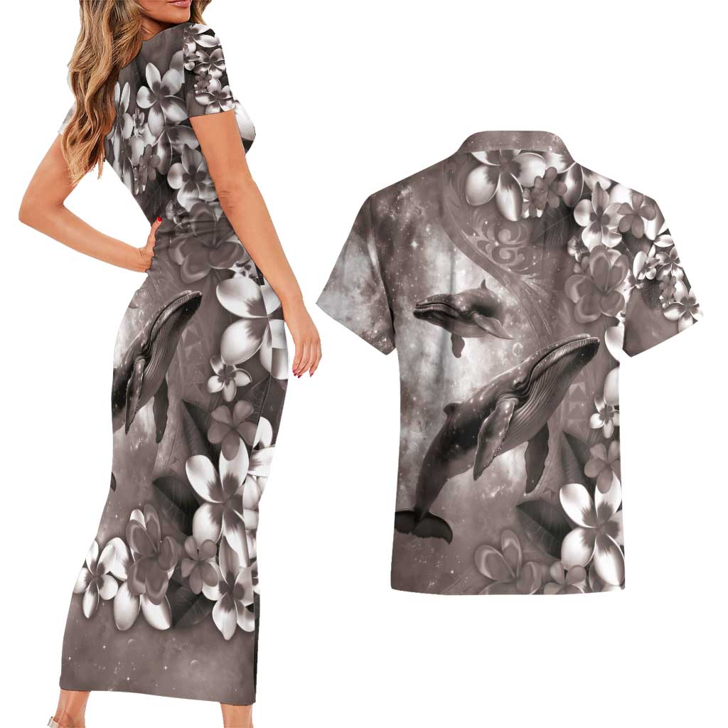 Hawaiian Lei Day Plumeria Humpback Whales Couples Matching Short Sleeve Bodycon Dress and Hawaiian Shirt Polynesian Art Vibrant Starry Nebula Grayscale Style LT03 - Polynesian Pride