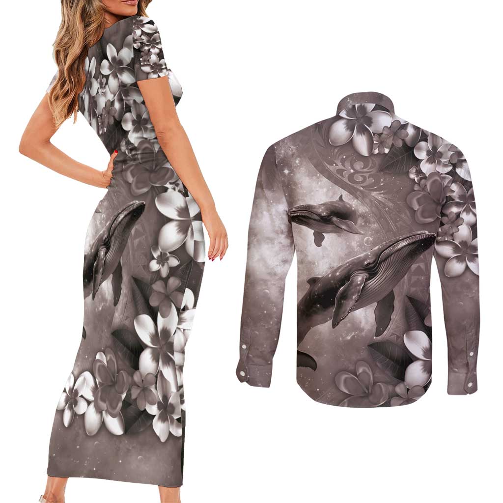 Hawaiian Lei Day Plumeria Humpback Whales Couples Matching Short Sleeve Bodycon Dress and Long Sleeve Button Shirt Polynesian Art Vibrant Starry Nebula Grayscale Style LT03 - Polynesian Pride