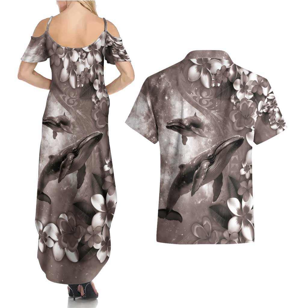 Hawaiian Lei Day Plumeria Humpback Whales Couples Matching Summer Maxi Dress and Hawaiian Shirt Polynesian Art Vibrant Starry Nebula Grayscale Style LT03 - Polynesian Pride