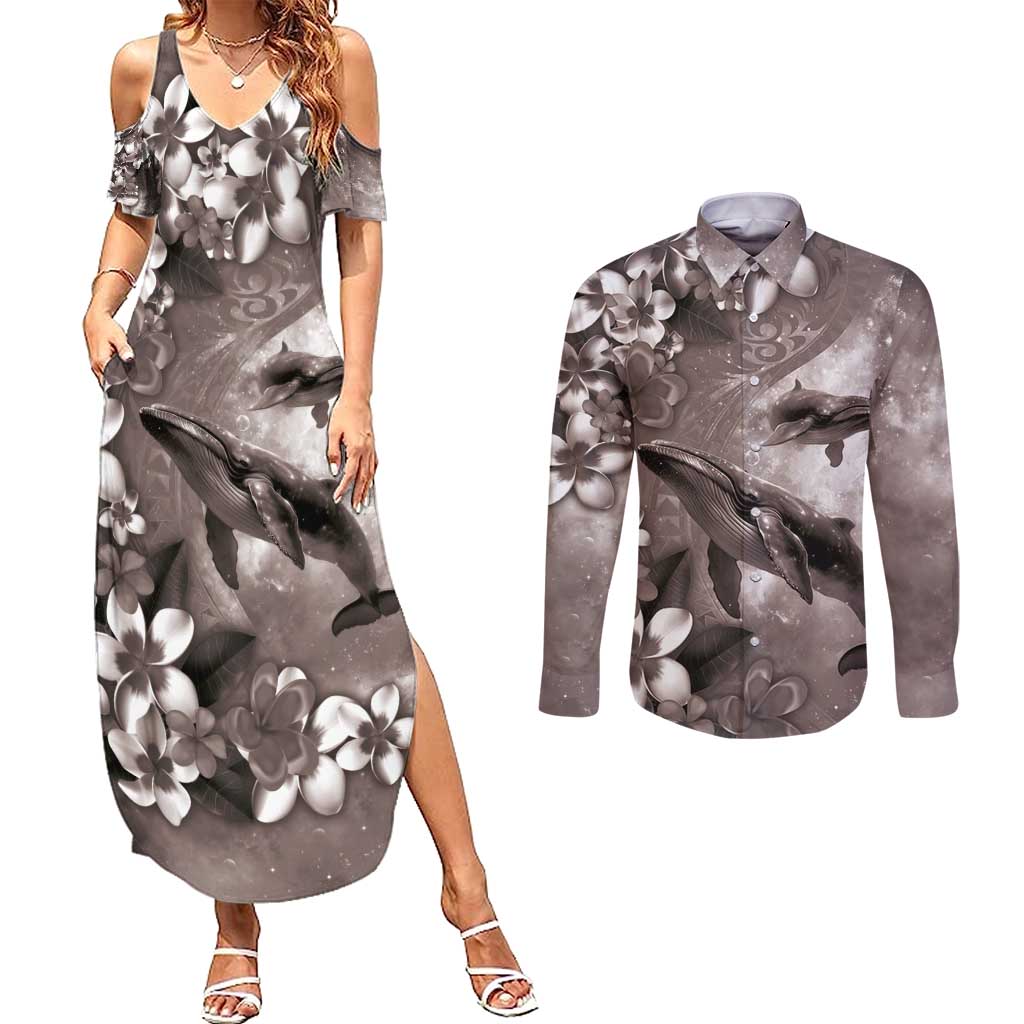 Hawaiian Lei Day Plumeria Humpback Whales Couples Matching Summer Maxi Dress and Long Sleeve Button Shirt Polynesian Art Vibrant Starry Nebula Grayscale Style LT03 Art - Polynesian Pride
