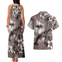 Hawaiian Lei Day Plumeria Humpback Whales Couples Matching Tank Maxi Dress and Hawaiian Shirt Polynesian Art Vibrant Starry Nebula Grayscale Style LT03 - Polynesian Pride