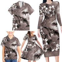 Hawaiian Lei Day Plumeria Humpback Whales Family Matching Long Sleeve Bodycon Dress and Hawaiian Shirt Polynesian Art Vibrant Starry Nebula Grayscale Style LT03 - Polynesian Pride