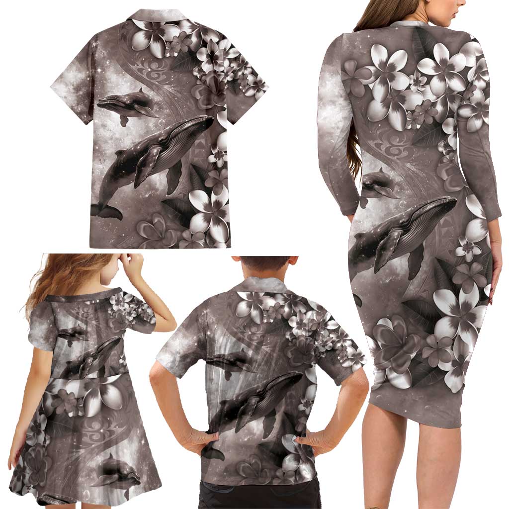 Hawaiian Lei Day Plumeria Humpback Whales Family Matching Long Sleeve Bodycon Dress and Hawaiian Shirt Polynesian Art Vibrant Starry Nebula Grayscale Style LT03 - Polynesian Pride