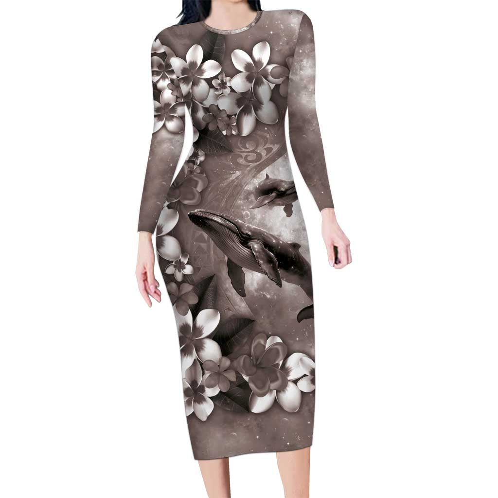 Hawaiian Lei Day Plumeria Humpback Whales Family Matching Long Sleeve Bodycon Dress and Hawaiian Shirt Polynesian Art Vibrant Starry Nebula Grayscale Style LT03 Mom's Dress Art - Polynesian Pride