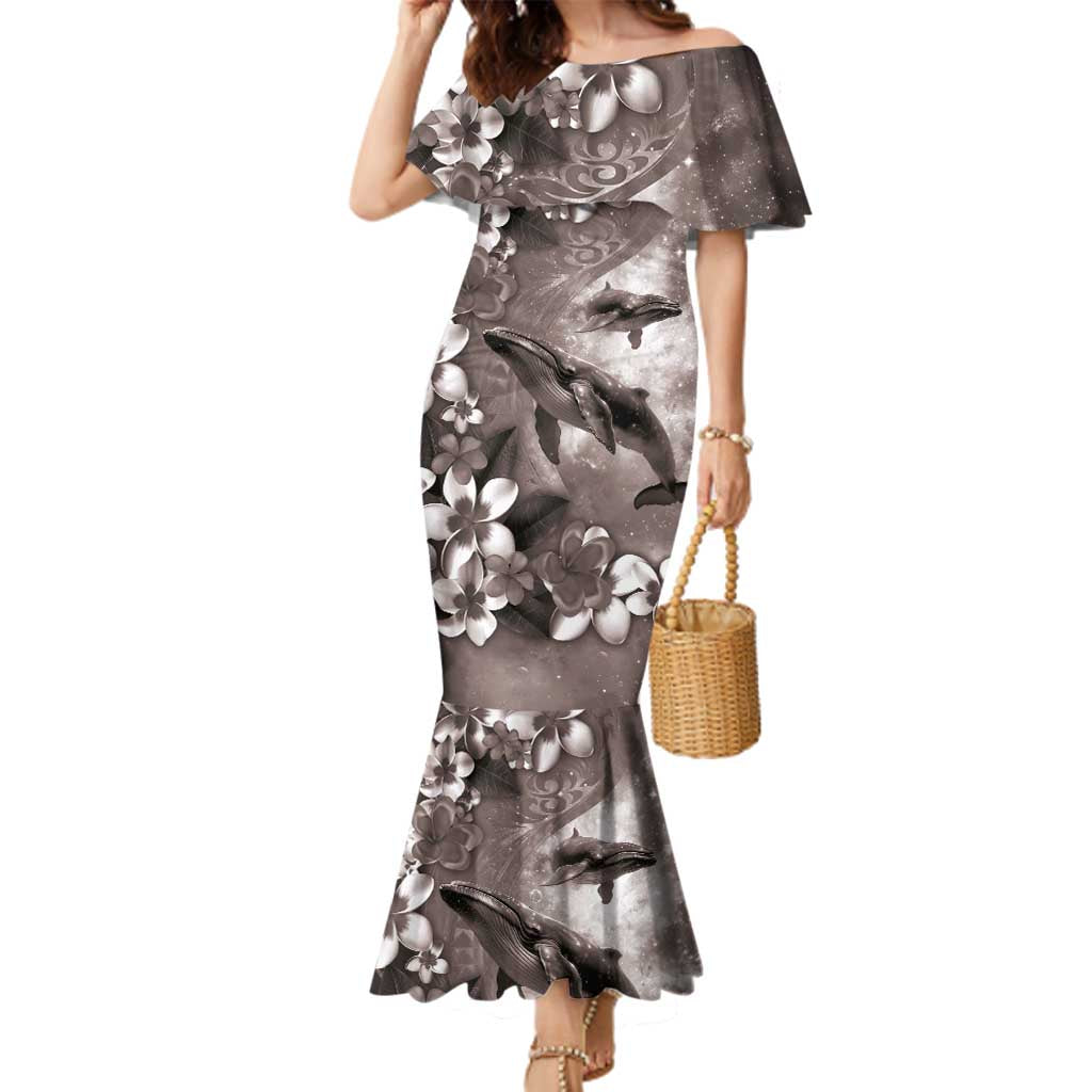 Hawaiian Lei Day Plumeria Humpback Whales Family Matching Mermaid Dress and Hawaiian Shirt Polynesian Art Vibrant Starry Nebula Grayscale Style LT03 Mom's Dress Art - Polynesian Pride