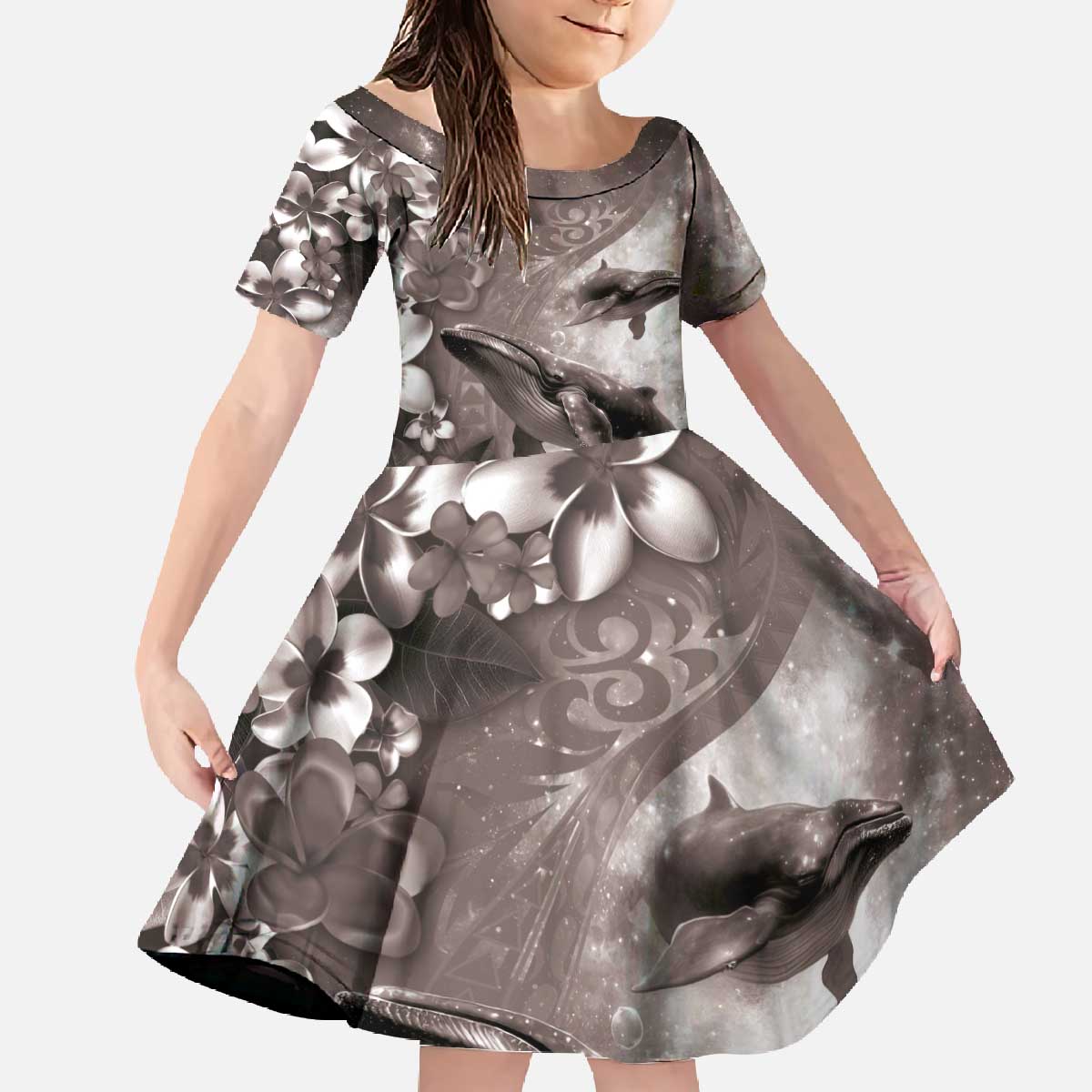 Hawaiian Lei Day Plumeria Humpback Whales Family Matching Off The Shoulder Long Sleeve Dress and Hawaiian Shirt Polynesian Art Vibrant Starry Nebula Grayscale Style LT03 Daughter's Dress Art - Polynesian Pride