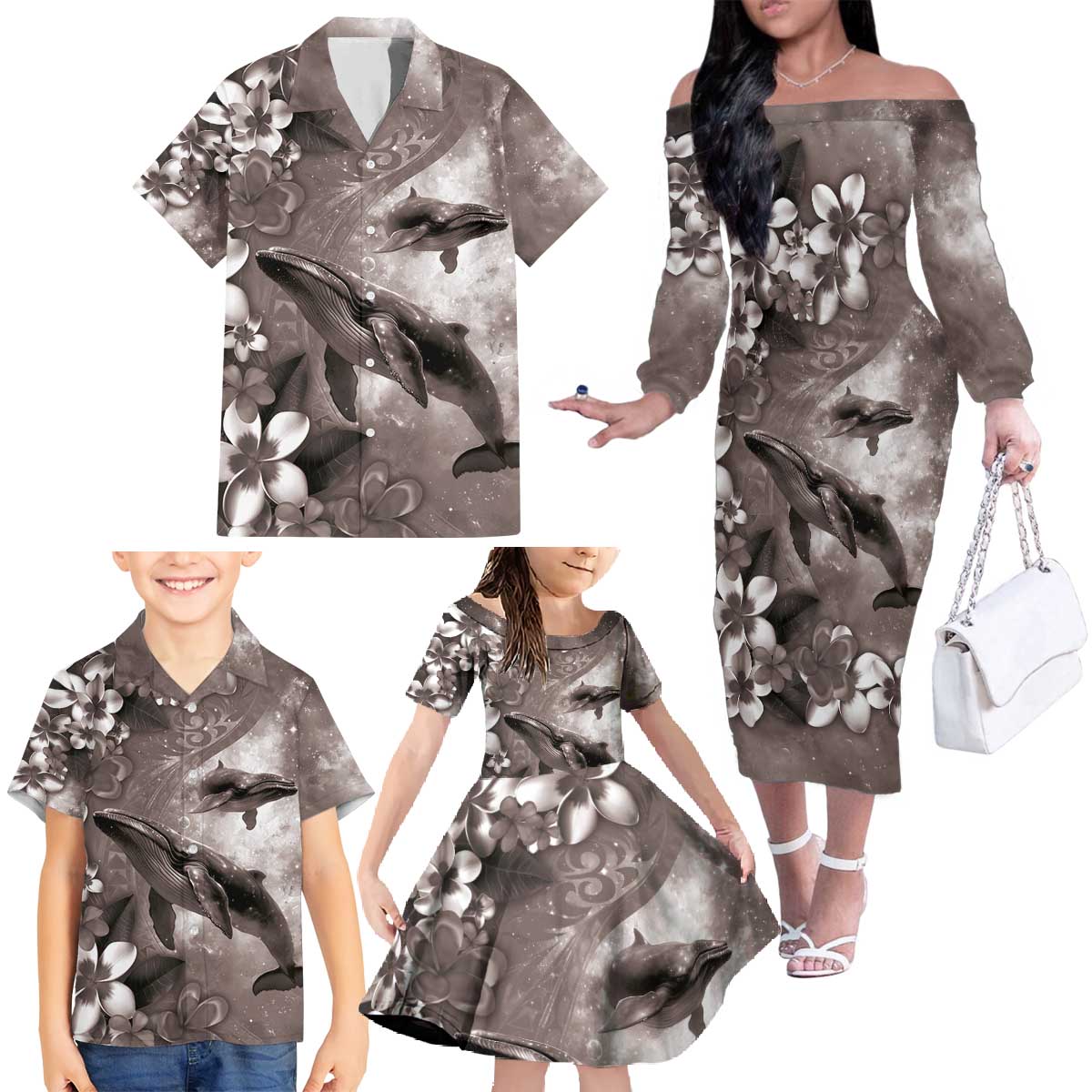 Hawaiian Lei Day Plumeria Humpback Whales Family Matching Off The Shoulder Long Sleeve Dress and Hawaiian Shirt Polynesian Art Vibrant Starry Nebula Grayscale Style LT03 - Polynesian Pride