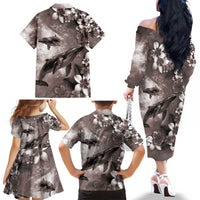 Hawaiian Lei Day Plumeria Humpback Whales Family Matching Off The Shoulder Long Sleeve Dress and Hawaiian Shirt Polynesian Art Vibrant Starry Nebula Grayscale Style LT03 - Polynesian Pride