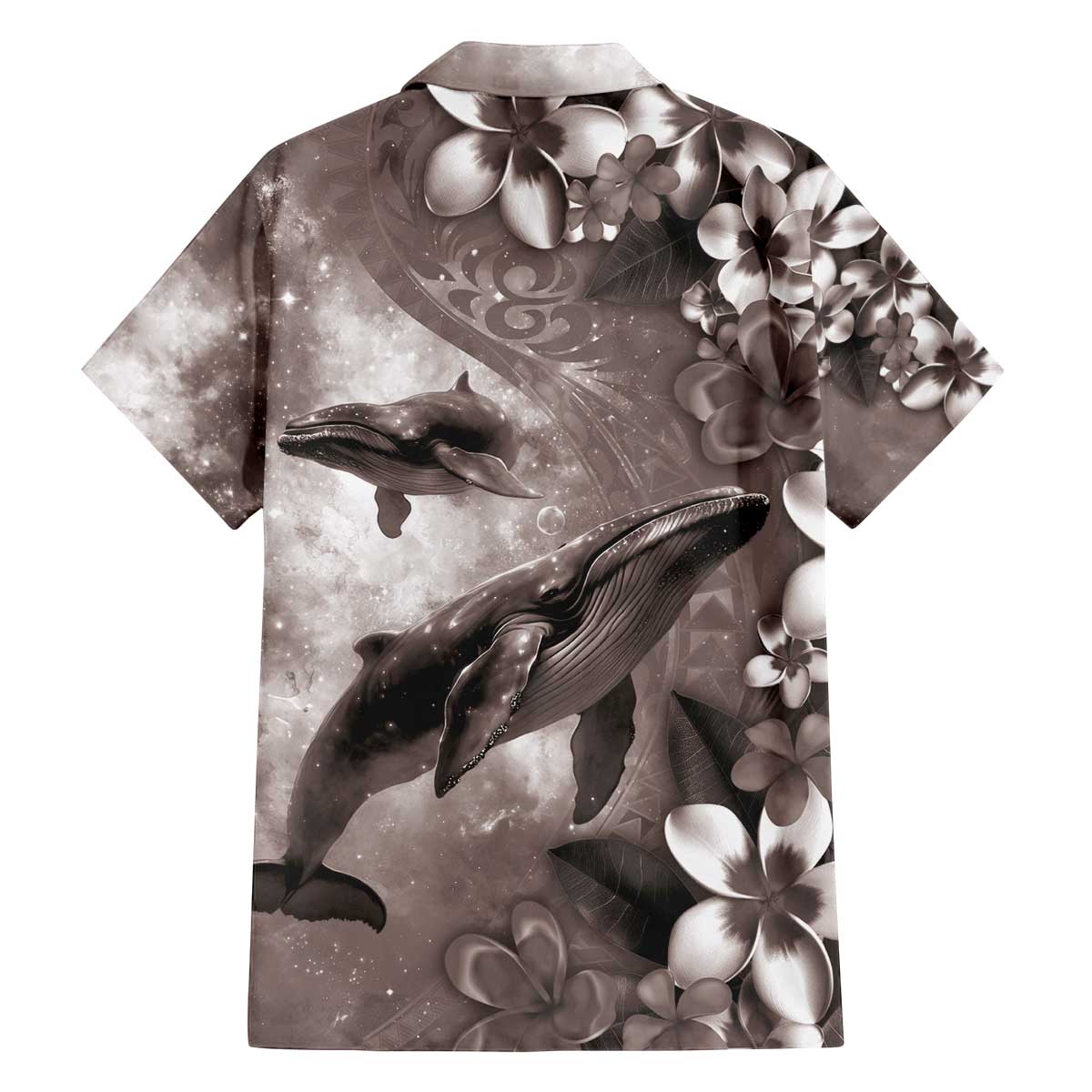 Hawaiian Lei Day Plumeria Humpback Whales Family Matching Off The Shoulder Long Sleeve Dress and Hawaiian Shirt Polynesian Art Vibrant Starry Nebula Grayscale Style LT03 - Polynesian Pride