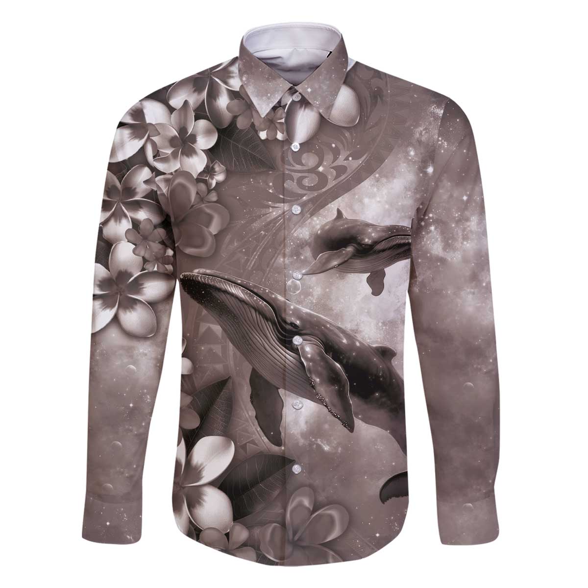 Hawaiian Lei Day Plumeria Humpback Whales Family Matching Off The Shoulder Long Sleeve Dress and Hawaiian Shirt Polynesian Art Vibrant Starry Nebula Grayscale Style LT03 Dad's Shirt - Long Sleeve Art - Polynesian Pride