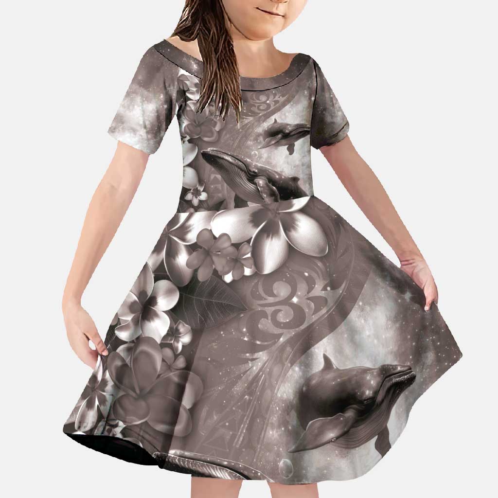 Hawaiian Lei Day Plumeria Humpback Whales Family Matching Off Shoulder Maxi Dress and Hawaiian Shirt Polynesian Art Vibrant Starry Nebula Grayscale Style LT03 Daughter's Dress Art - Polynesian Pride