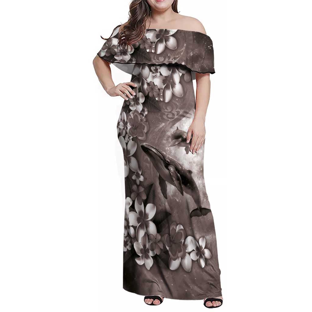 Hawaiian Lei Day Plumeria Humpback Whales Family Matching Off Shoulder Maxi Dress and Hawaiian Shirt Polynesian Art Vibrant Starry Nebula Grayscale Style LT03 Mom's Dress Art - Polynesian Pride