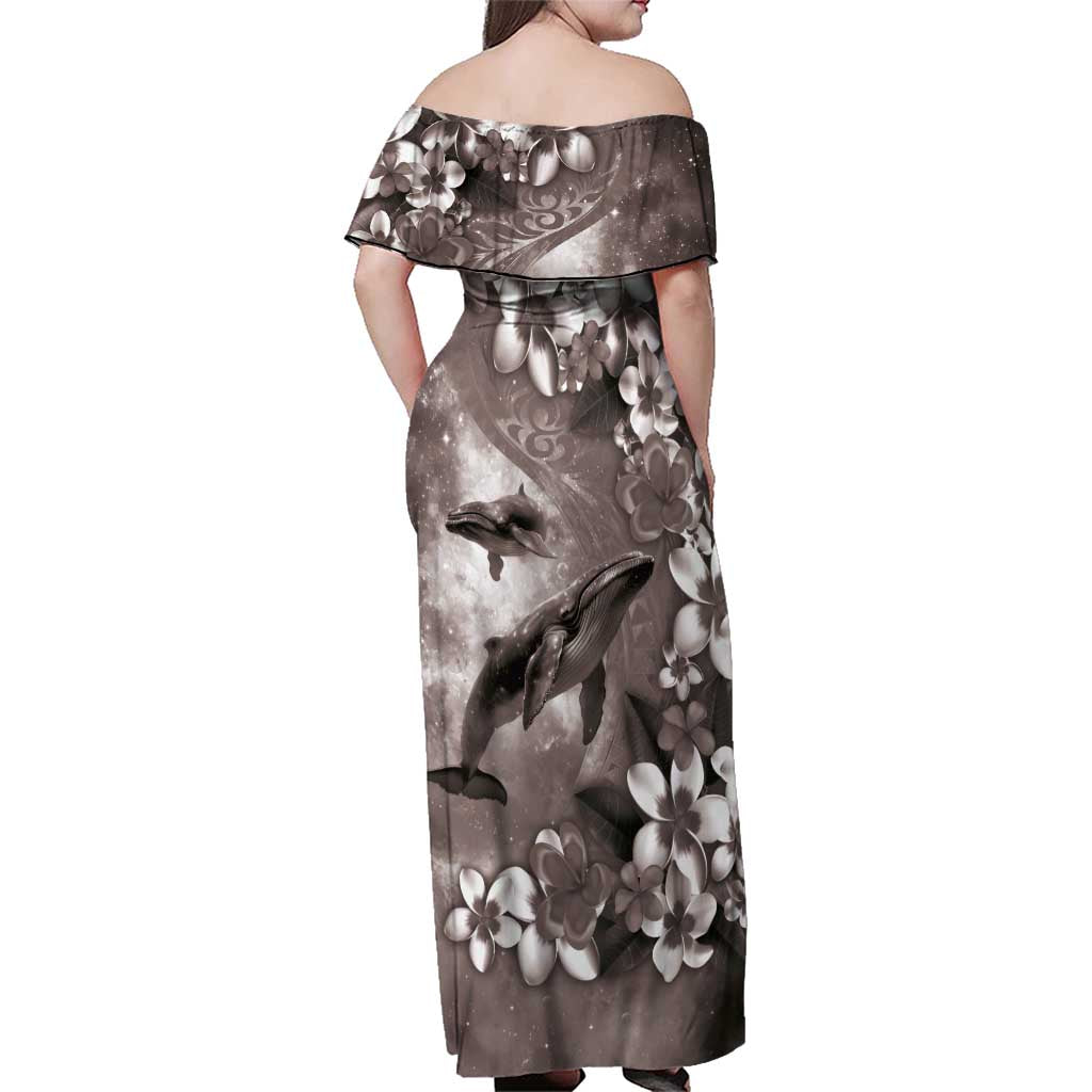 Hawaiian Lei Day Plumeria Humpback Whales Family Matching Off Shoulder Maxi Dress and Hawaiian Shirt Polynesian Art Vibrant Starry Nebula Grayscale Style LT03 - Polynesian Pride