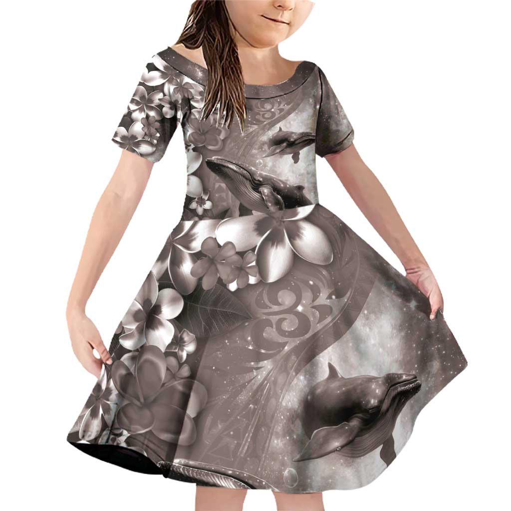 Hawaiian Lei Day Plumeria Humpback Whales Family Matching Off Shoulder Short Dress and Hawaiian Shirt Polynesian Art Vibrant Starry Nebula Grayscale Style LT03 Daughter's Dress Art - Polynesian Pride