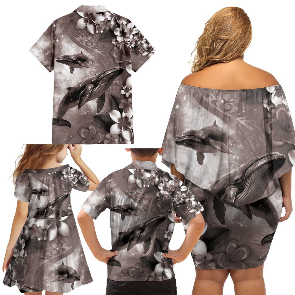 Hawaiian Lei Day Plumeria Humpback Whales Family Matching Off Shoulder Short Dress and Hawaiian Shirt Polynesian Art Vibrant Starry Nebula Grayscale Style LT03 - Polynesian Pride
