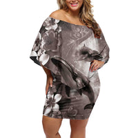 Hawaiian Lei Day Plumeria Humpback Whales Family Matching Off Shoulder Short Dress and Hawaiian Shirt Polynesian Art Vibrant Starry Nebula Grayscale Style LT03 Mom's Dress Art - Polynesian Pride