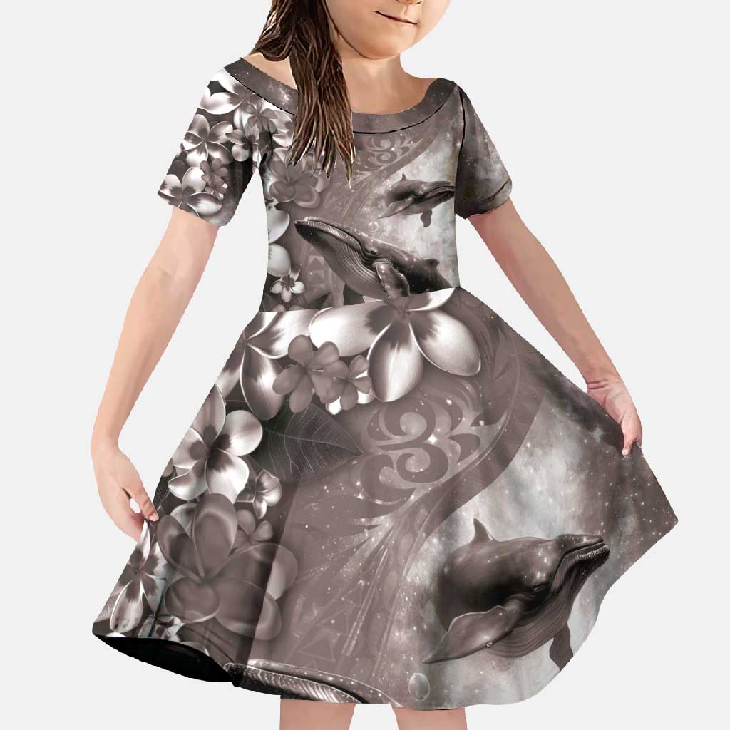 Hawaiian Lei Day Plumeria Humpback Whales Family Matching Short Sleeve Bodycon Dress and Hawaiian Shirt Polynesian Art Vibrant Starry Nebula Grayscale Style LT03 Daughter's Dress Art - Polynesian Pride